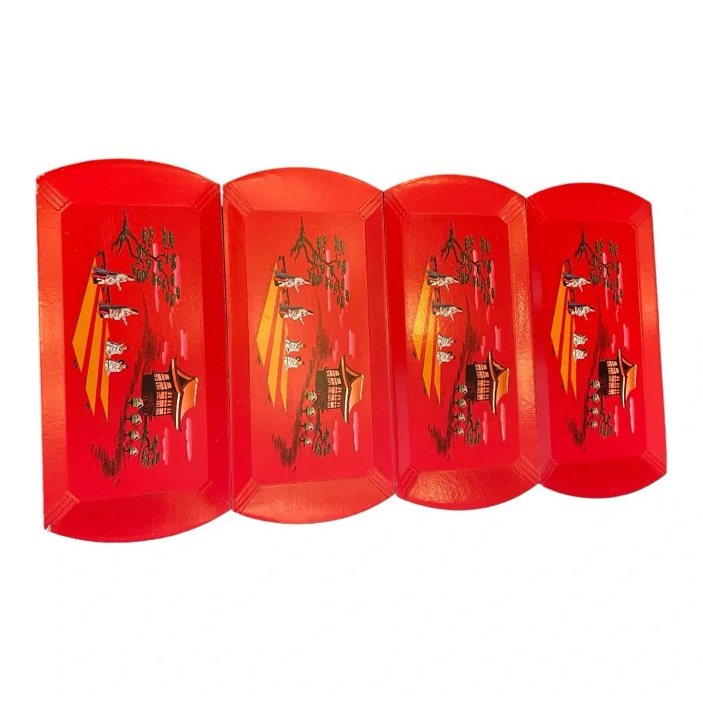 Vintage Hasko Deluxe Lap Trays Red Asian Pagoda Scene MCM Set of 4